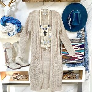 Spring summer knit duster boho cardigan w prairie country cabin granny v…